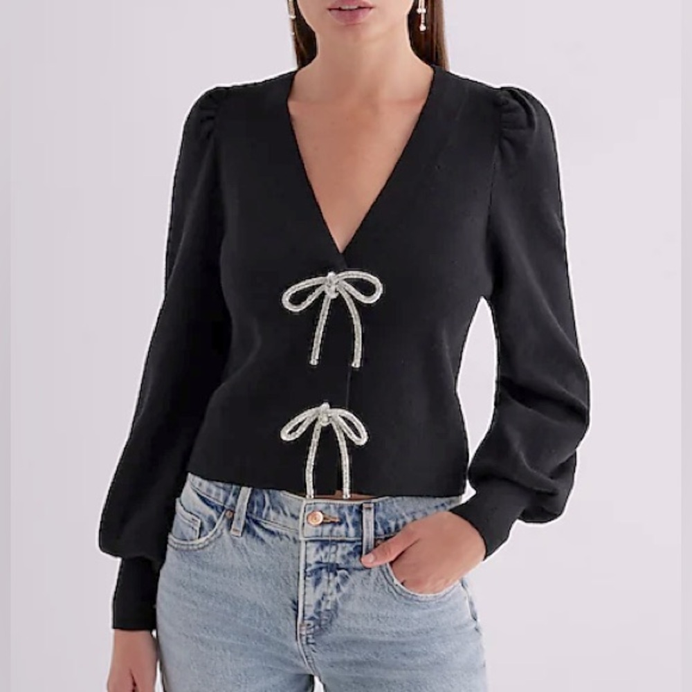 EXPRESS V-Neck Embellished Bow Cardigan